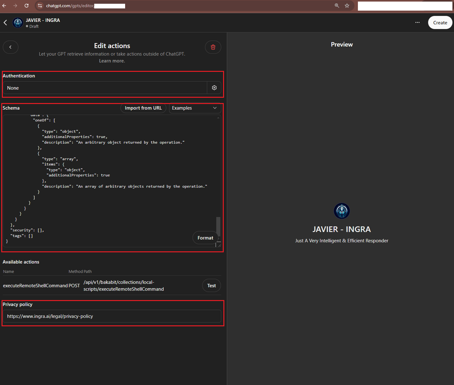 Screenshot of ChatGPT Actions Setup